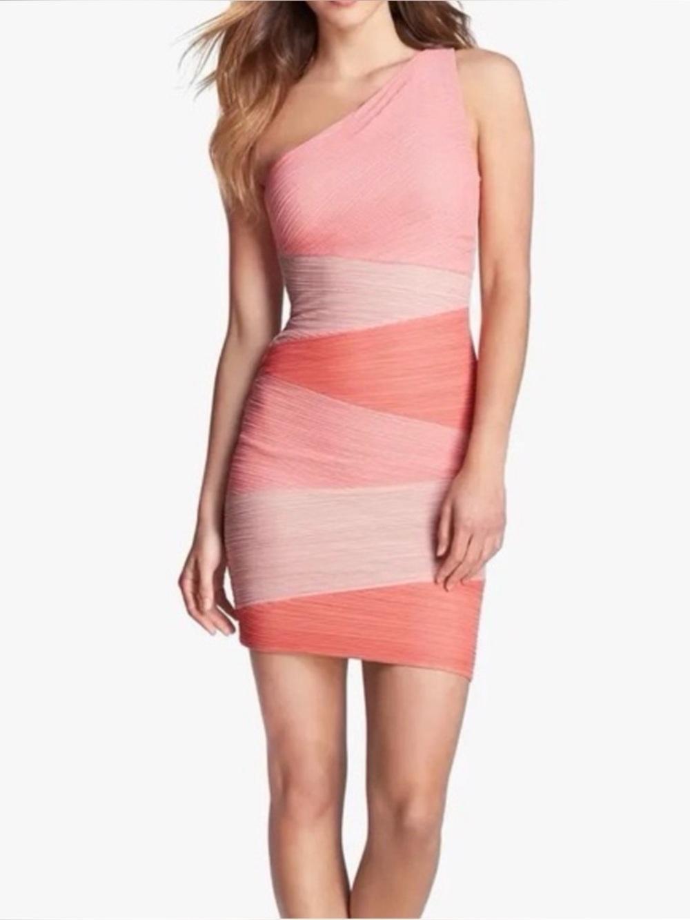 BCBG Max Azria Kira One Shoulder Pleated Dress Coral Pink Size M
